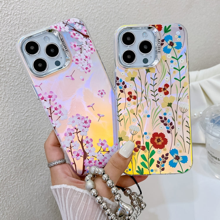 For iPhone 16 Pro Max Electroplating Laser Flower Phone Case with Wrist Strap(Peach Blossom AH4) - iPhone 16 Pro Max Cases by buy2fix | Online Shopping UK | buy2fix