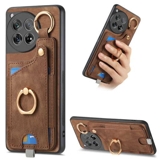 For OnePlus 12 5G Retro Skin-feel Ring Card Bag Phone Case with Hang Loop(Brown) - OnePlus Cases by buy2fix | Online Shopping UK | buy2fix