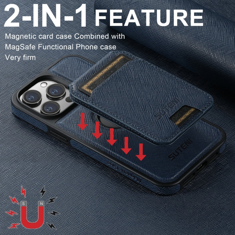 For iPhone 12 Pro Max Suteni M2 Cross-Grain MagSafe Vertical Card Back Phone Case(Blue) - iPhone 12 Pro Max Cases by Suteni | Online Shopping UK | buy2fix