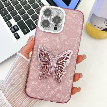 For iPhone 16 Pro Plating Glitter Texture Butterfly Holder TPU Phone Case with Lens Film(Pink Shell Pattern) - iPhone 16 Pro Cases by buy2fix | Online Shopping UK | buy2fix