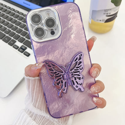 For iPhone 16 Pro Plating Glitter Texture Butterfly Holder TPU Phone Case with Lens Film(Purple Tinfoil Texture) - iPhone 16 Pro Cases by buy2fix | Online Shopping UK | buy2fix