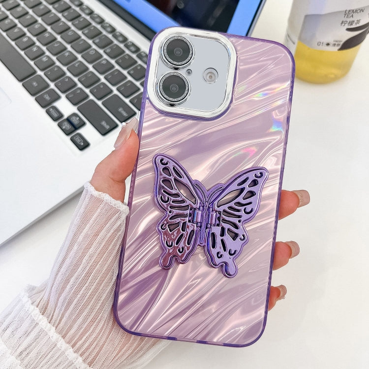 For iPhone 16 Plus Plating Glitter Texture Butterfly Holder TPU Phone Case with Lens Film(Purple Water Ripples) - iPhone 16 Plus Cases by buy2fix | Online Shopping UK | buy2fix