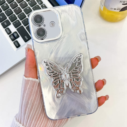 For iPhone 16 Plating Glitter Texture Butterfly Holder TPU Phone Case with Lens Film(White Feather Yarn) - iPhone 16 Cases by buy2fix | Online Shopping UK | buy2fix