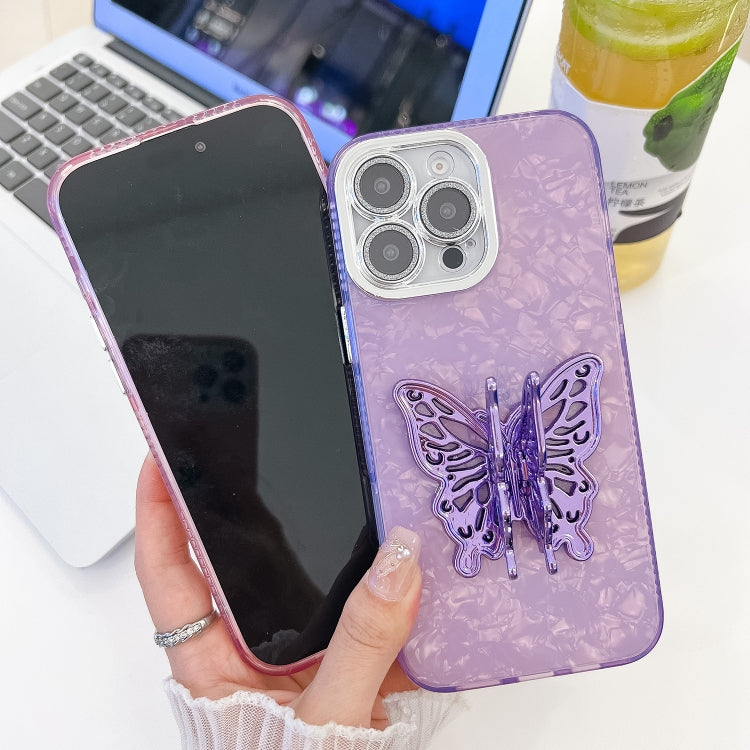 For iPhone 16 Pro Max Plating Glitter Texture Butterfly Holder TPU Phone Case with Lens Film(White Feather Yarn) - iPhone 16 Pro Max Cases by buy2fix | Online Shopping UK | buy2fix