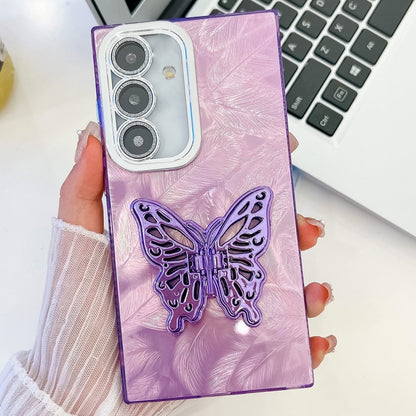 For Samsung Galaxy S25 5G Plating Glitter Texture Butterfly Holder TPU Phone Case with Lens Film(Purple Feathers) - Galaxy S25 5G Cases by buy2fix | Online Shopping UK | buy2fix