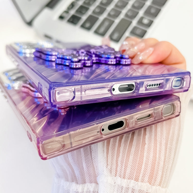 For Samsung Galaxy S25+ 5G Plating Glitter Texture Butterfly Holder TPU Phone Case with Lens Film(Purple Feather Yarn) - Galaxy S25+ 5G Cases by buy2fix | Online Shopping UK | buy2fix