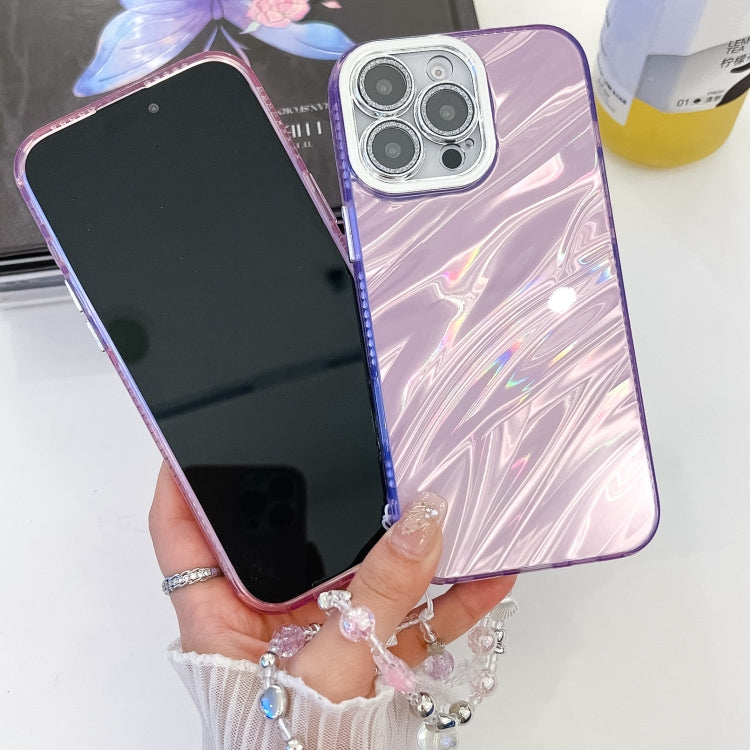 For iPhone 16 Plus Plating Glitter Texture Chain Wristband TPU Phone Case with Lens Film(Pink Feathers) - iPhone 16 Plus Cases by buy2fix | Online Shopping UK | buy2fix