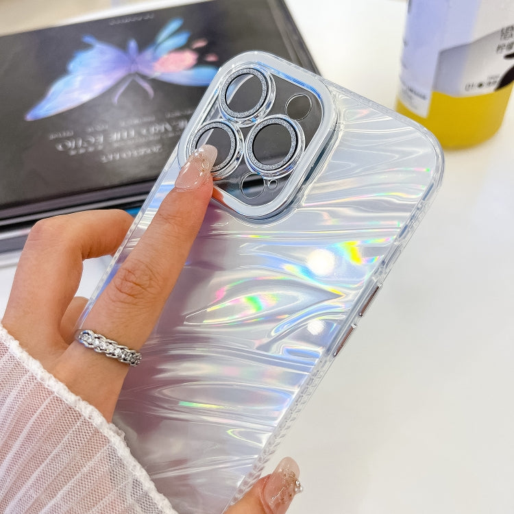 For iPhone 16 Pro Max Plating Glitter Texture Chain Wristband TPU Phone Case with Lens Film(White Feathers) - iPhone 16 Pro Max Cases by buy2fix | Online Shopping UK | buy2fix