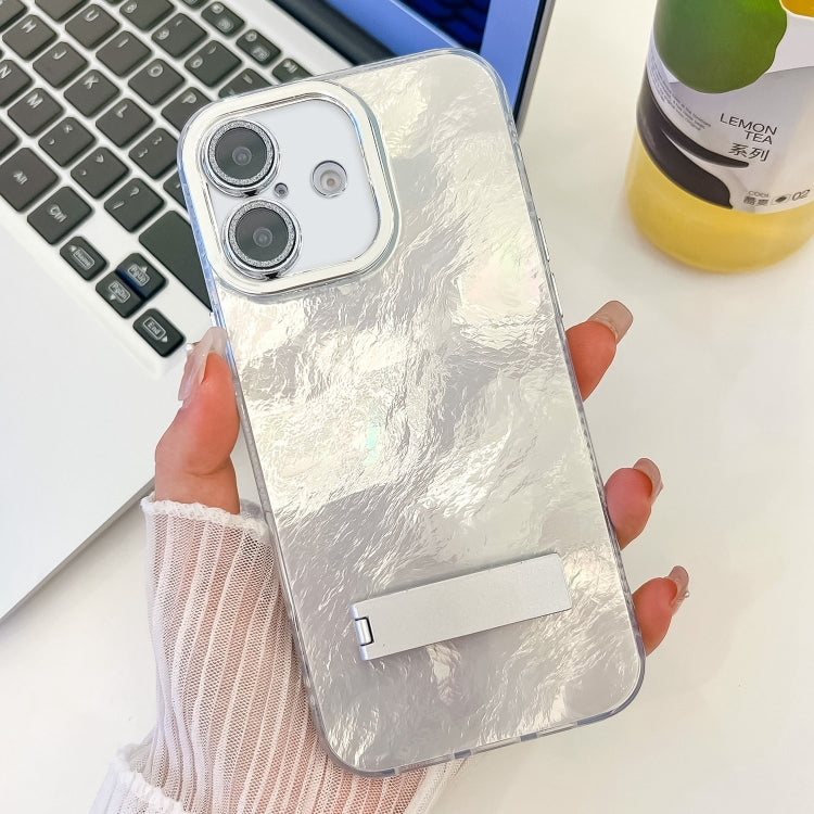 For iPhone 16 Plating Glitter Texture Fold Holder TPU Phone Case with Lens Film(White Tinfoil Texture) - iPhone 16 Cases by buy2fix | Online Shopping UK | buy2fix