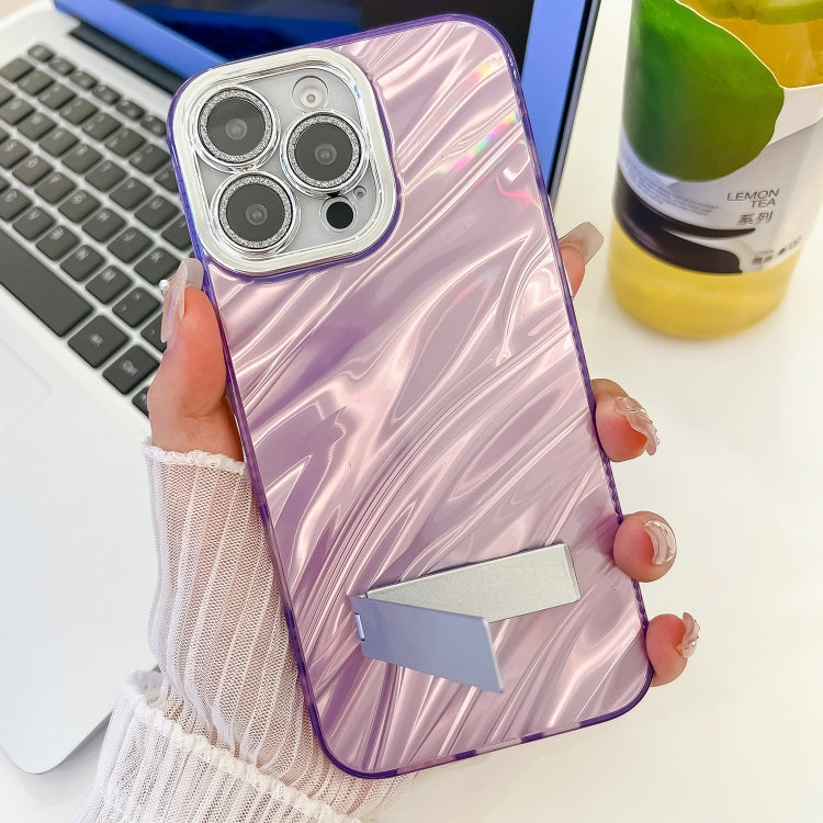 For iPhone 16 Plus Plating Glitter Texture Fold Holder TPU Phone Case with Lens Film(White Water Ripples) - iPhone 16 Plus Cases by buy2fix | Online Shopping UK | buy2fix