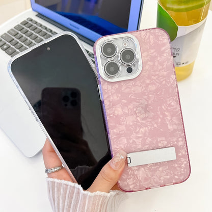 For iPhone 16 Pro Plating Glitter Texture Fold Holder TPU Phone Case with Lens Film(White Feather Yarn) - iPhone 16 Pro Cases by buy2fix | Online Shopping UK | buy2fix