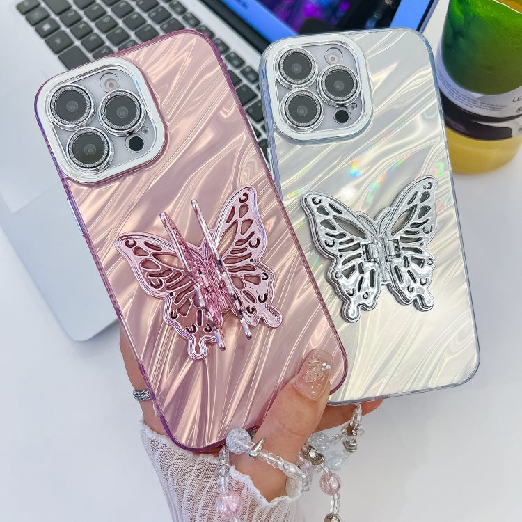 For iPhone 16 Pro Plating Glitter Lens Film Texture Butterfly Holder Wristband Phone Case(Pink Tinfoil Texture) - iPhone 16 Pro Cases by buy2fix | Online Shopping UK | buy2fix