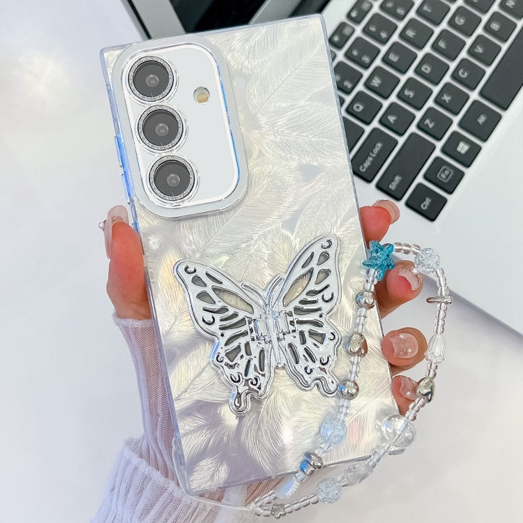 For Samsung Galaxy S25+ 5G Plating Glitter Lens Film Texture Butterfly Holder Wristband Phone Case(White Feathers) - Galaxy S25+ 5G Cases by buy2fix | Online Shopping UK | buy2fix