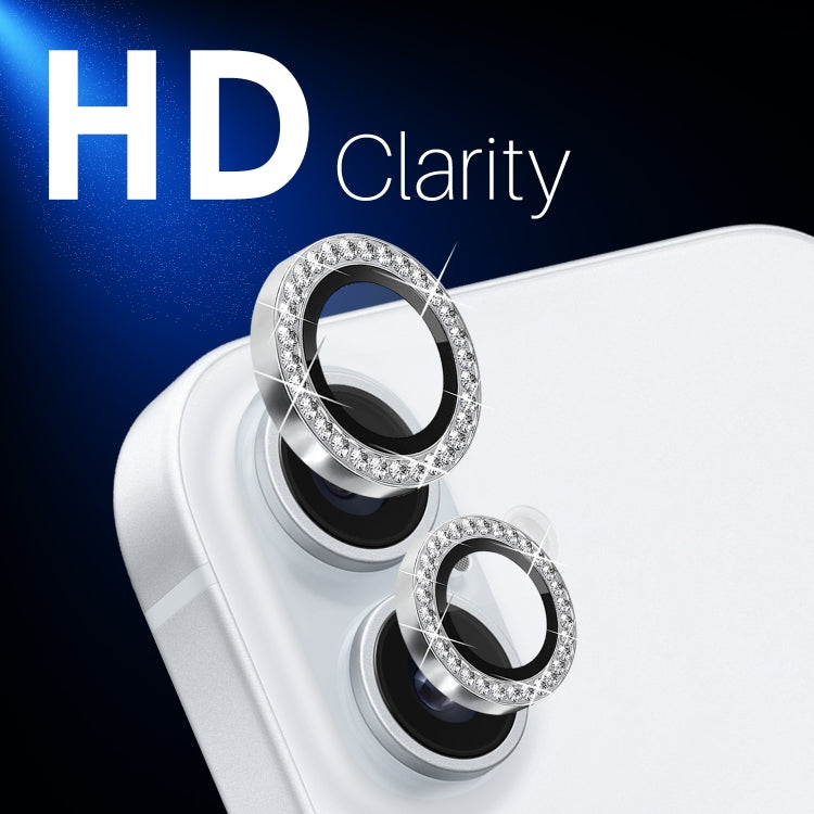 For iPhone 16 / 16 Plus NORTHJO Rhinestone Camera Lens Protector Tempered Glass Metal Ring Film(Silver) - iPhone 16 Tempered Glass by NORTHJO | Online Shopping UK | buy2fix