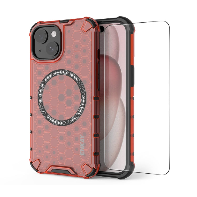 For iPhone 14 Plus ENKAY Hat-Prince Honeycomb MagSafe Shockproof Phone Case with Large Arc Edge Film(Red) - iPhone 14 Plus Cases by ENKAY | Online Shopping UK | buy2fix