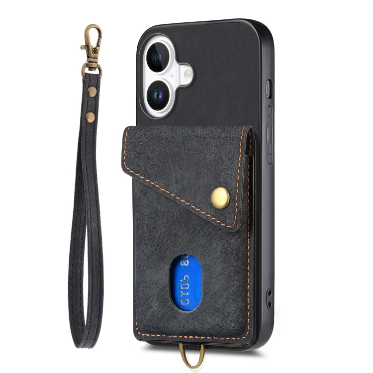 For iPhone 16 Retro Card Wallet Fold Leather Phone Case with Strap(Black) - iPhone 16 Cases by buy2fix | Online Shopping UK | buy2fix