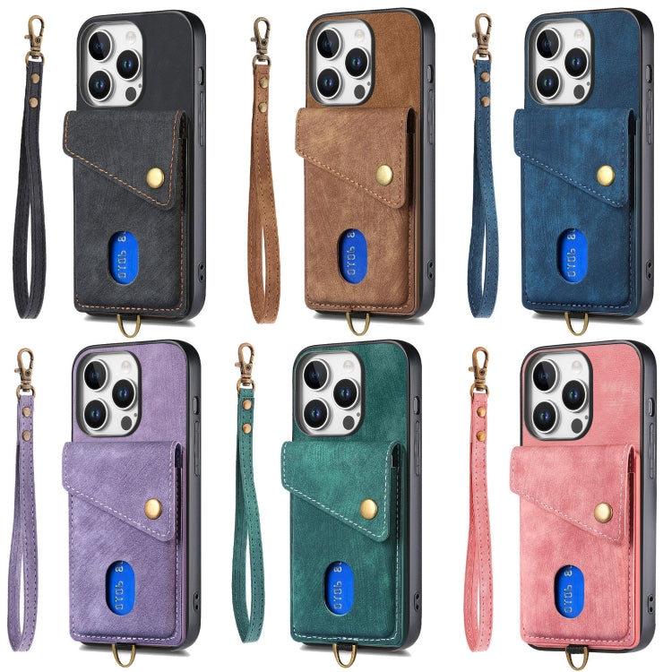 For iPhone 16 Pro Retro Card Wallet Fold Leather Phone Case with Strap(Green) - iPhone 16 Pro Cases by buy2fix | Online Shopping UK | buy2fix