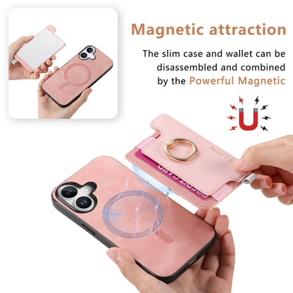 For iPhone 16 Plus Retro Magsafe Cross Leather Ring Holder Card Bag Phone Case(Pink) - iPhone 16 Plus Cases by buy2fix | Online Shopping UK | buy2fix