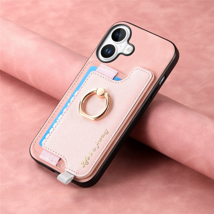 For iPhone 16 Plus Retro Magsafe Cross Leather Ring Holder Card Bag Phone Case(Pink) - iPhone 16 Plus Cases by buy2fix | Online Shopping UK | buy2fix