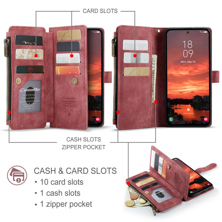 For Samsung Galaxy S25+ 5G CaseMe C30 Card Slots Zipper Wallet Leather Phone Case(Red) - Galaxy S25+ 5G Cases by CaseMe | Online Shopping UK | buy2fix