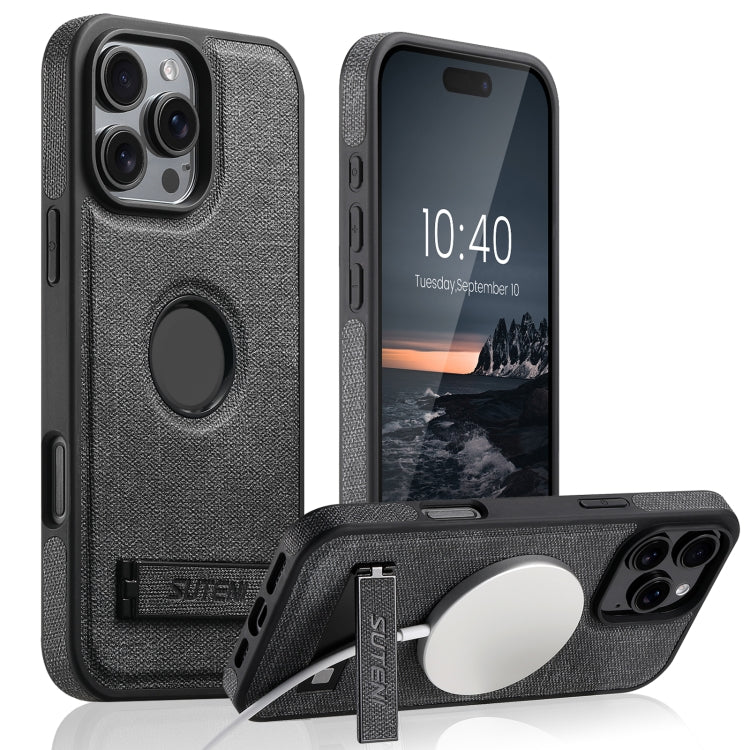 For iPhone 16 Pro Suteni G2 Holder Denim Leather Back MagSafe Phone Case(Black) - iPhone 16 Pro Cases by Suteni | Online Shopping UK | buy2fix