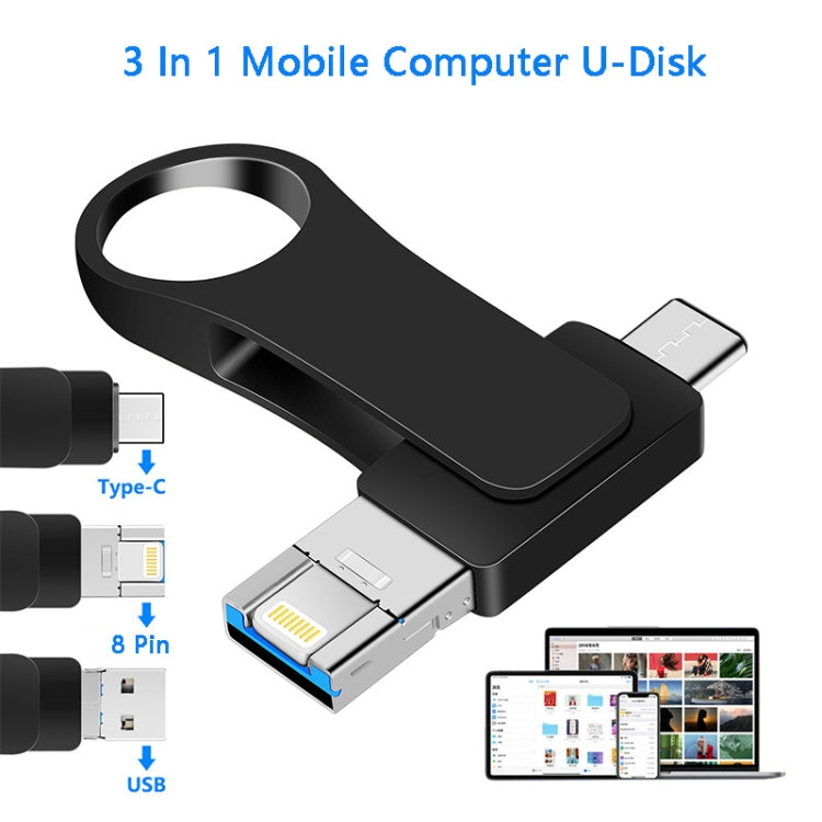 32GB USB 3.0 + 8 Pin + USB-C / Type-C 3 in 1 Mobile Computer Metal U-Disk(Black) - U Disk & Card Reader by buy2fix | Online Shopping UK | buy2fix