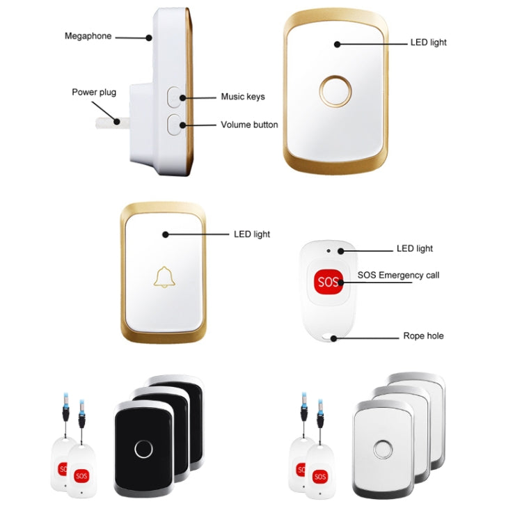 CACAZI C20 Two To Three Wireless Pager For The Elderly Home Care Waterproof Emergency Pager, EU Plug(Gold) - Wireless Doorbell by CACAZI | Online Shopping UK | buy2fix