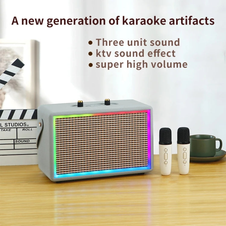 Leather Colorful Light Effect Karaoke Audio Retro Outdoor Bluetooth Speaker, Style: Dual-microphone(Brown) - Desktop Speaker by buy2fix | Online Shopping UK | buy2fix