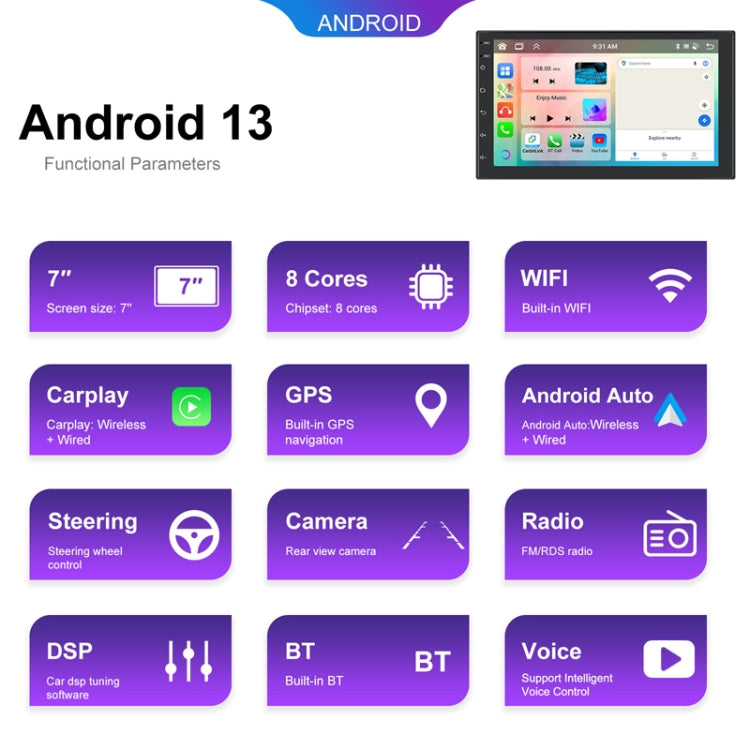 7inch Android 13.0 Dual Butt Universal Wireless Carplay Car Navigation Center Control All-In-One Monitor(Standard) - Car MP3 & MP4 & MP5 by buy2fix | Online Shopping UK | buy2fix