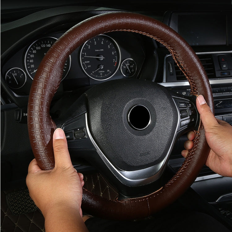 38cm Four-season Embossed Cowhide Hand-sewn Steering Wheel Cover(Black+Black Line) - Steering Wheel Accessories by buy2fix | Online Shopping UK | buy2fix