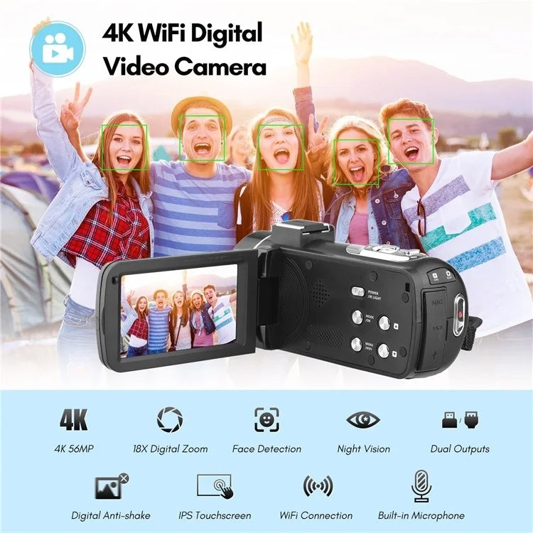 4K  Digital Video Camera 3 Inch IPS Touch Screen 56MP 18X Digital Zoom WiFi Camcorder, Spec: Standard - Video Cameras by buy2fix | Online Shopping UK | buy2fix