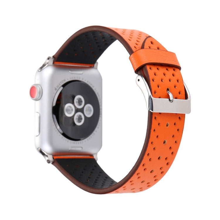 For Apple Watch Series 9&8&7 41mm / SE 3&SE 2&6&SE&5&4 40mm / 3&2&1 38mm Simple Fashion Genuine Leather Hole Pattern Watch Band(Orange) - Watch Bands by buy2fix | Online Shopping UK | buy2fix