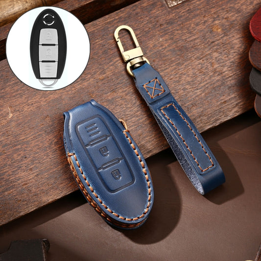 Hallmo Car Cowhide Leather Key Protective Cover Key Case for Nissan Sylphy 2-button(Blue) - Car Key Cases by Hallmo | Online Shopping UK | buy2fix