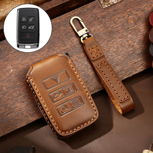 Hallmo Car Cowhide Leather Key Protective Cover Key Case for Land Rover Discovery 5 B Style(Brown) -  by Hallmo | Online Shopping UK | buy2fix