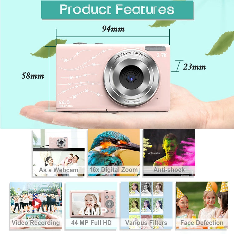 DC402 2.4 inch 44MP 16X Zoom 1080P Full HD Digital Camera Children Card Camera, AU Plug(Pink) - Consumer Electronics by buy2fix | Online Shopping UK | buy2fix