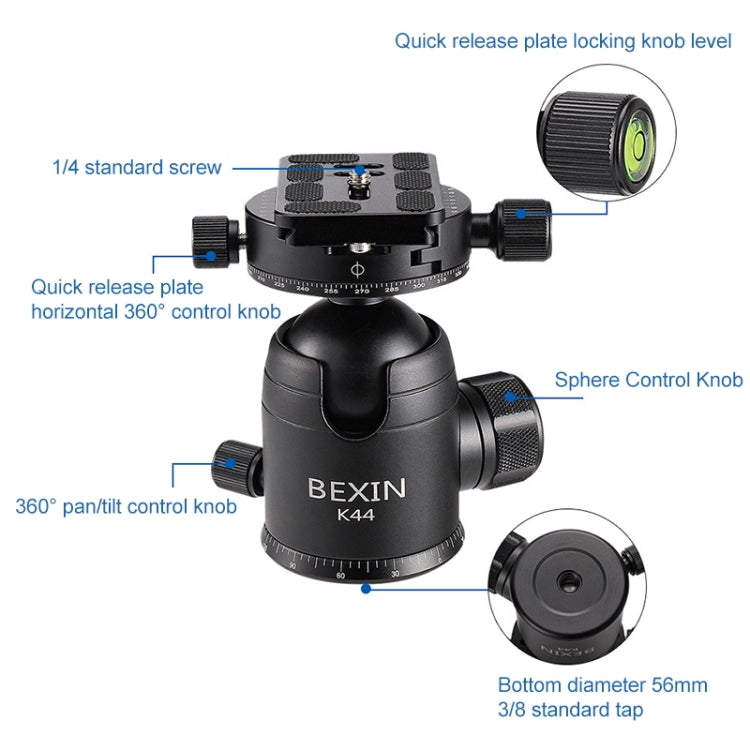 BEXIN RC294 Portable Collapsible Carbon Fiber Camera Tripod with K44 Panoramic BallHead - Camera Accessories by BEXIN | Online Shopping UK | buy2fix