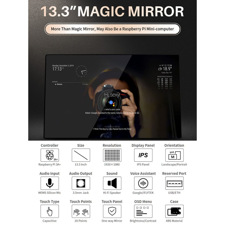 Waveshare 13.3 inch Magic Mirror, Voice Assistant, Touch Control(US Plug) - Modules Expansions Accessories by WAVESHARE | Online Shopping UK | buy2fix