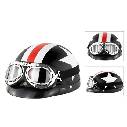 Soman Electromobile Motorcycle Half Face Helmet Retro Harley Helmet with Goggles(Matte Black French White Star) -  by SOMAN | Online Shopping UK | buy2fix