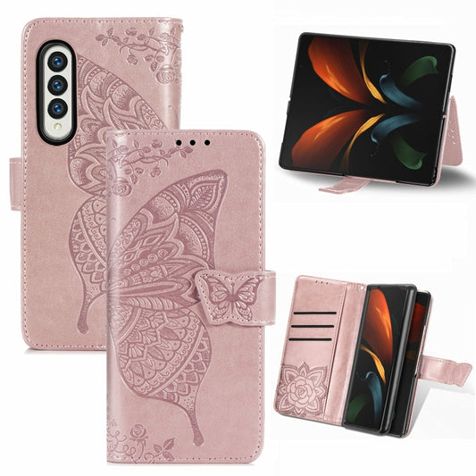 For Samsung Galaxy Z Fold3 5G Butterfly Love Flowers Embossed Horizontal Flip Leather Case with Holder & Card Slots & Wallet & Lanyard(Rose Gold) - Samsung Accessories by buy2fix | Online Shopping UK | buy2fix