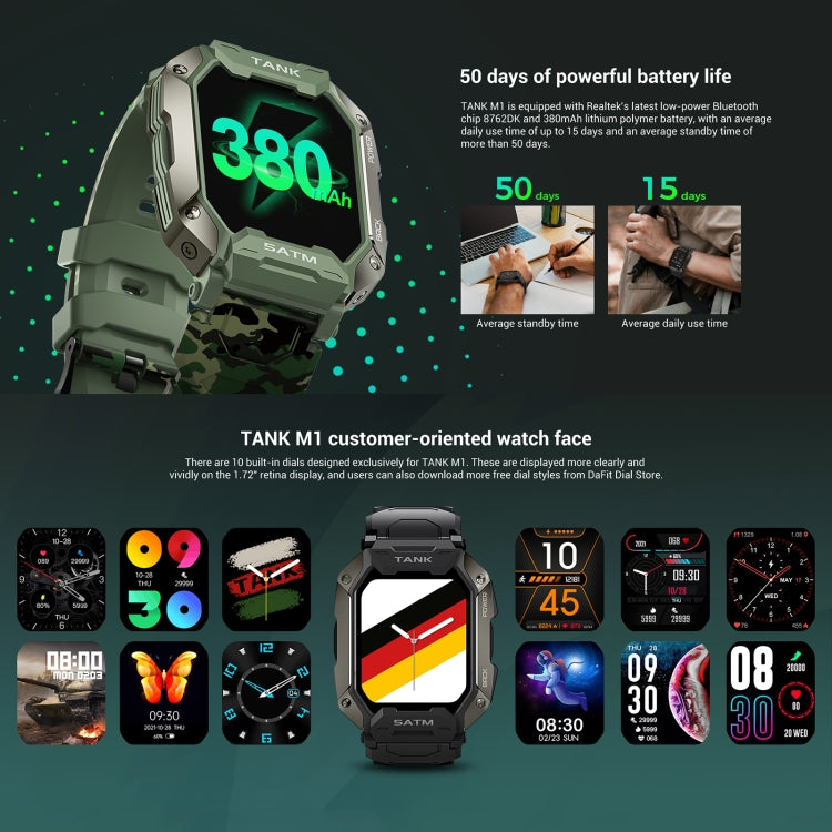 TANK M1 1.72 TFT Screen Smart Watch, Support Sleep Monitoring / Heart Rate Monitoring(Camouflage Green) - Smart Wear by buy2fix | Online Shopping UK | buy2fix