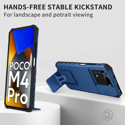 For Xiaomi Poco M4 Pro 4G Stereoscopic Holder Sliding Camshield Phone Case(Blue) - Xiaomi Cases by buy2fix | Online Shopping UK | buy2fix