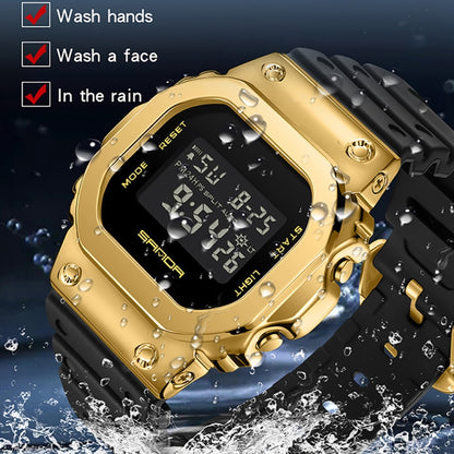 SANDA 2126 Tempered Mirror Luminous Waterproof Dual Display Electronic Watch(Black Gold) - Silicone Strap Watches by SANDA | Online Shopping UK | buy2fix