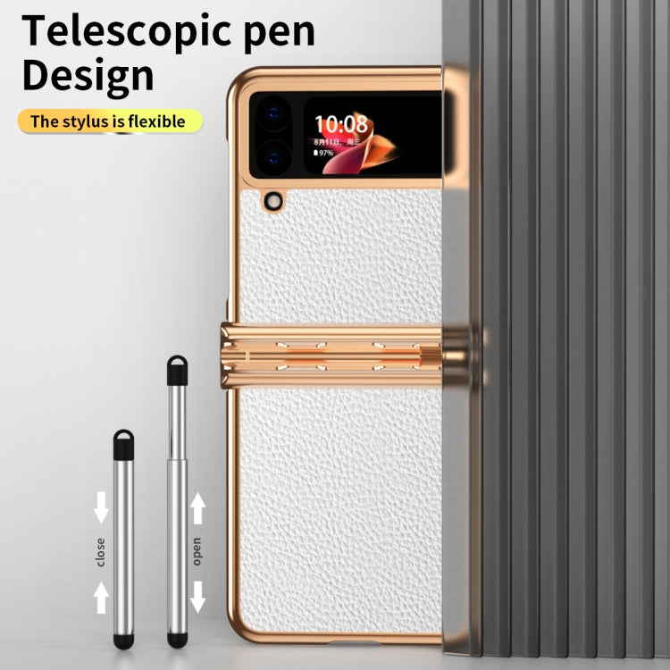 For Samsung Galaxy Z Flip4 Litchi Texture Leather Hinged Electroplated Phone Case with Pen(Gold White) - Samsung Accessories by buy2fix | Online Shopping UK | buy2fix