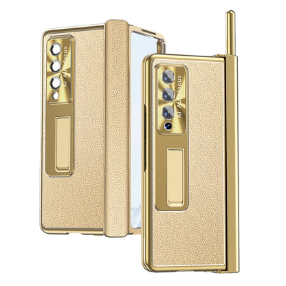 For Samsung Galaxy Z Fold4 Litchi Pattern Magnetic Shell Film Integrated Shockproof Phone Case(Champagne Gold) - Galaxy Z Fold4 5G Cases by buy2fix | Online Shopping UK | buy2fix