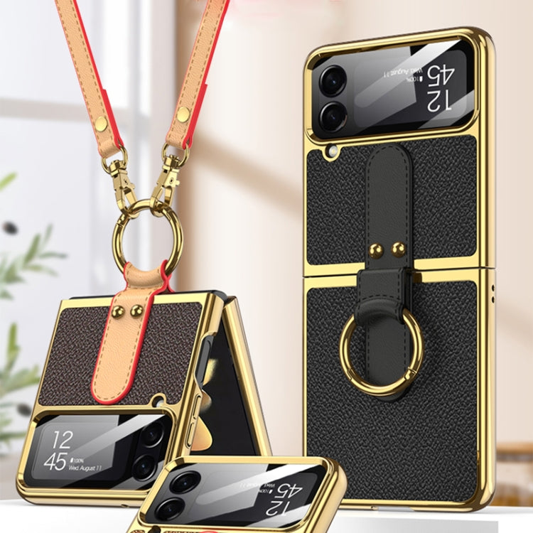 For Samsung Galaxy Z Flip4 GKK Plating + Leather Phone Case with Ring & Strap(Black) - Samsung Accessories by GKK | Online Shopping UK | buy2fix