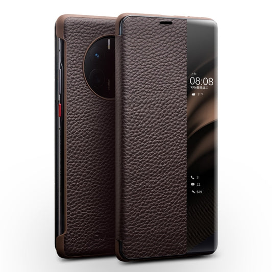 For Huawei Mate 50 Pro QIALINO Genuine Leather Side Window View Smart Phone Case(Brown) - Huawei Cases by QIALINO | Online Shopping UK | buy2fix
