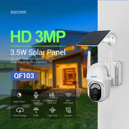 ESCAM QF103 3MP Cloud Storage PT WIFI PIR Alarm IP Camera with Solar Panel Battery Support Full Color Night Vision & Two Way Audio - Security by ESCAM | Online Shopping UK | buy2fix