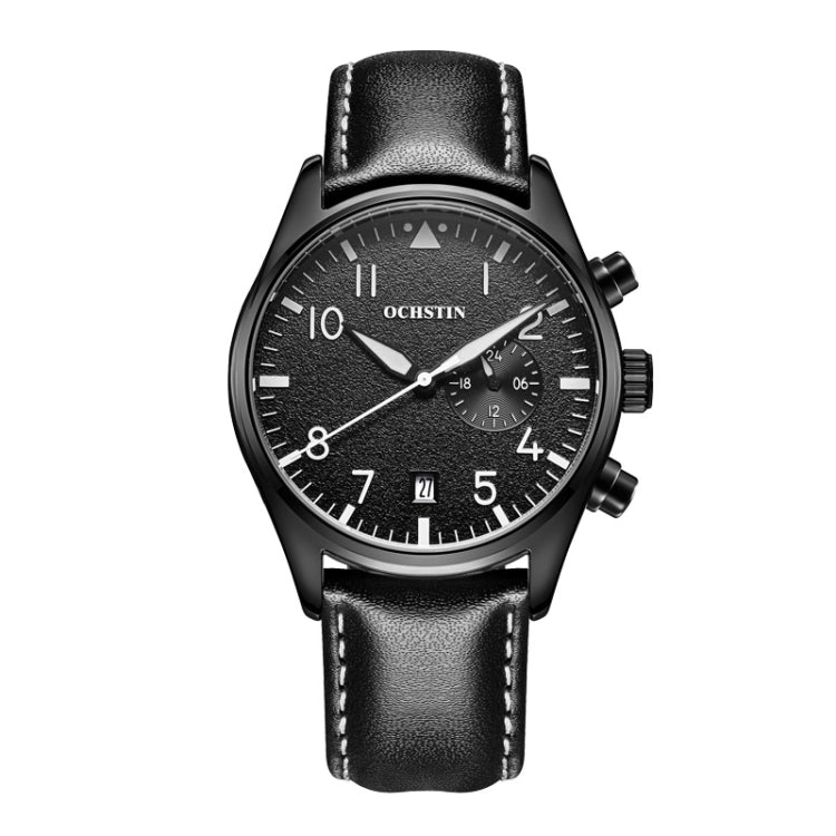 Ochstin 5043C Multifunctional Business Waterproof Leather Strap Quartz Watch(Black+Black+White) - Leather Strap Watches by OCHSTIN | Online Shopping UK | buy2fix