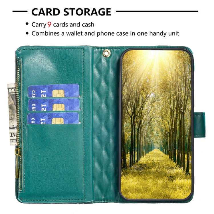 For Xiaomi Redmi 12C Diamond Lattice Zipper Wallet Leather Flip Phone Case(Green) - Xiaomi Cases by buy2fix | Online Shopping UK | buy2fix