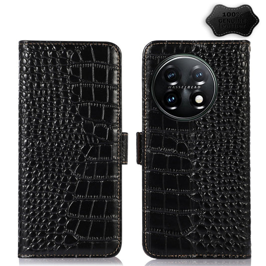 For OnePlus 11 5G Crocodile Top Layer Cowhide RFID Leather Phone Case(Black) - OnePlus Cases by buy2fix | Online Shopping UK | buy2fix